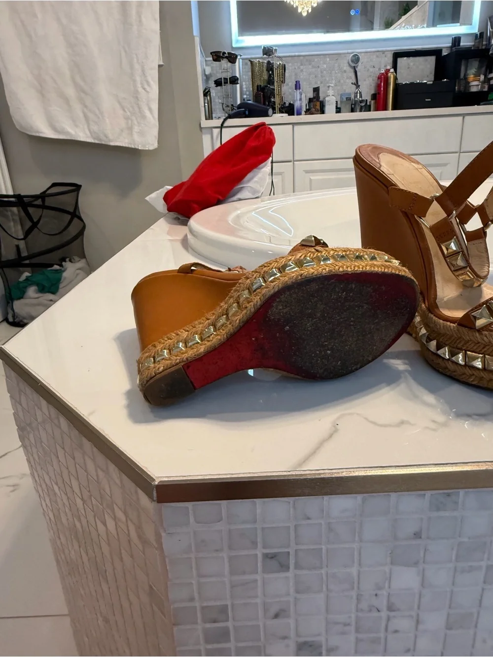 Christian Louboutin Tan Leather Studded Platform Wedge Sandals
